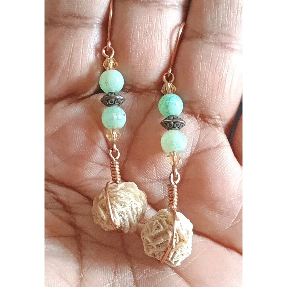 Desert Rose Selenite Light Seafoam Green Champagne Crystal Copper Wire Earrings